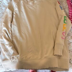 Aerie Cream Women's Crewneck Sweater with Multicolor Sleeve Embroidery
